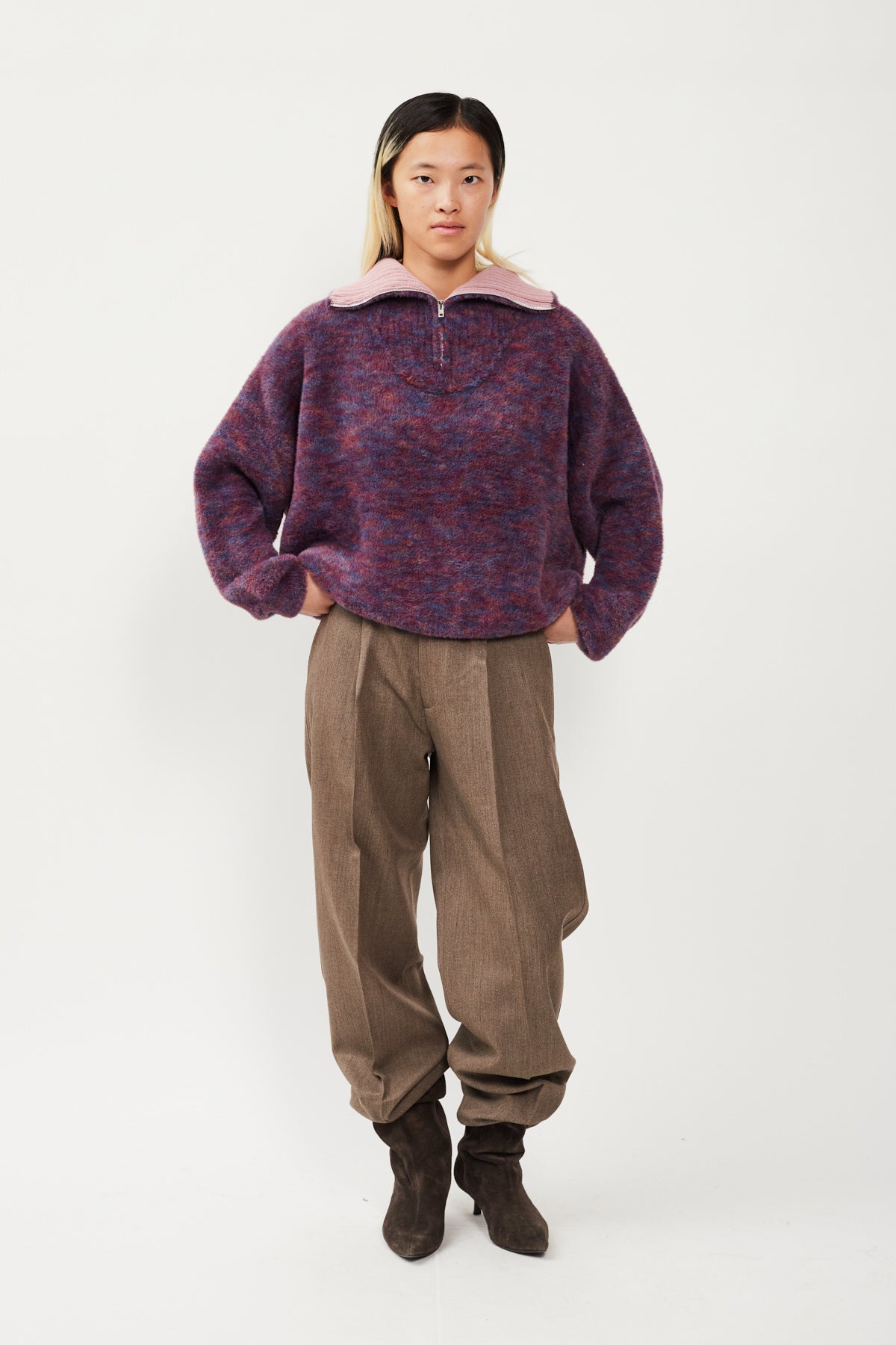 FLUFFY HIGHNECK HALF ZIP SWEATER